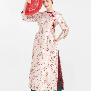ÁO DÀI GẤM HOA ĐỎ